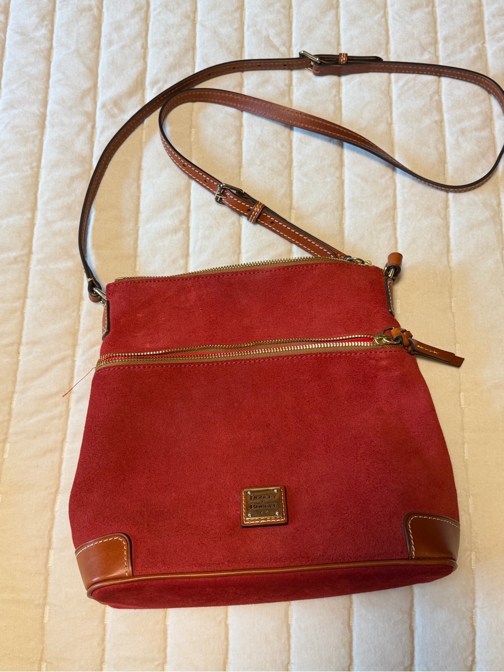Dooney & Bourke Red Suede Crossbody with Brown Leather Trim